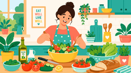Woman smiles while mixing fresh salad in a bright kitchen. Green vegetables, tomatoes, and lemon adorn her bowl. Olive oil bottle rests nearby with fresh herbs and bread