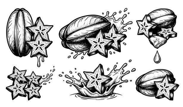 Starfruit carambola sketch vector illustration set with splashing juice drops whole pieces and star shaped slices.