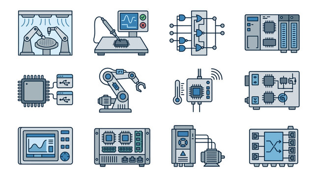 Sleek Monochromatic Illustrations of Modern Electronics Robotics and Circuitry Components in Blue Gray Tones