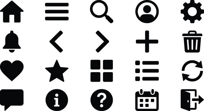 Collection of simple black interface icons on a white background with a clean graphic design concept