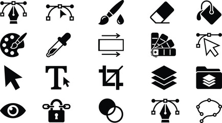 Fototapeta premium Graphic Design Tools Vector Icons with Pen Tool and Color Swatches for Creative Concept