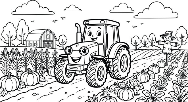 A cute cartoon tractor driving through a pumpkin patch on a farm for a coloring page
