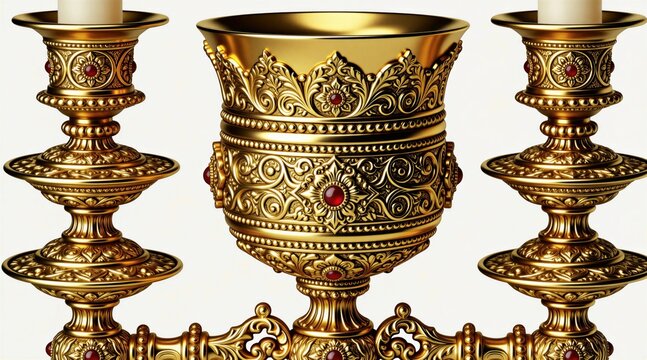 Ornate golden candlestick with red jewels on white background. Elegant vintage metal candelabra featuring intricate royal carvings, luxurious floral patterns. Decorative antique home decor item for