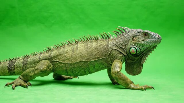 Realistic green iguana lizard crawling slowly across a solid bright green screen background for easy chroma key compositing and visual effects