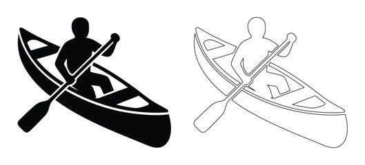 Person Paddling Canoe Silhouette and Outline Vector Graphic, Kayaker Rowing Boat Illustration, Water Sports Canoeist Silhouette Artwork © Pixelly