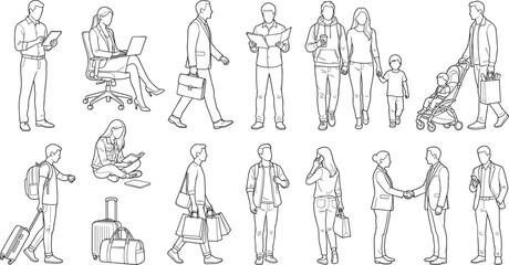 Obraz premium Everyday People Line Art Collection with Business Travel Shopping and Family Lifestyle Illustrations
