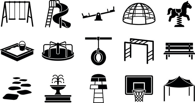 Playground Equipment Icons Including Swings, Slides, and Sandboxes Featuring Swing, Slide, Sandbox with Teeter-Totter and Jungle