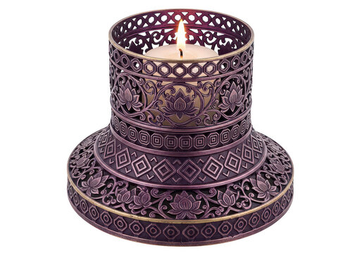 Ornate metal candle holder with lit candle on transparent background