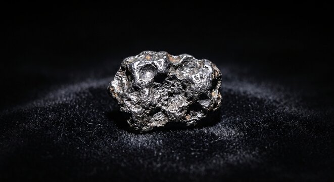 A detailed close up of a dark metallic space meteorite resting on a soft black velvet cloth
