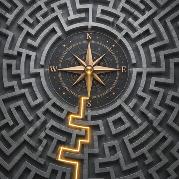 Golden Compass in Center of Labyrinth with Glowing Path Through Stone Maze. Overhead view of a circular stone maze featuring a golden compass rose in the center and a glowing golden path guiding