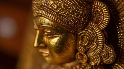Fototapeta premium Close-up profile view of a golden statue, showcasing intricate details of the face and ornate headpiece. The rich gold hue and detailed carvings evoke a sense of artistry and tradition.