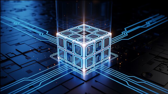 Futuristic quantum computing cube with glowing digital circuit network