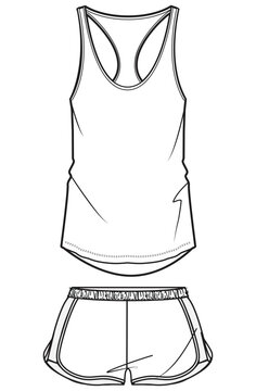 Women's sleeveless racer back Tank top vest with shorts flat sketch fashion illustration drawing template mock up with front and back view, Camisole Night wear pajama set. Cami set sleepwear