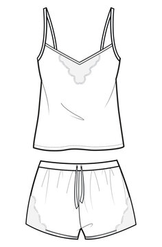 Women's sleeveless v neck Tank top vest with shorts flat sketch fashion illustration drawing template mock up with front and back view, Camisole Night wear pajama set. Cami set sleepwear