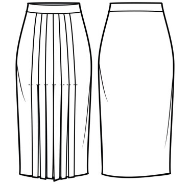 Women's front pleated Skirt flat sketch vector illustration front and back view,  pleated skirt technical cad drawing vector template mock up