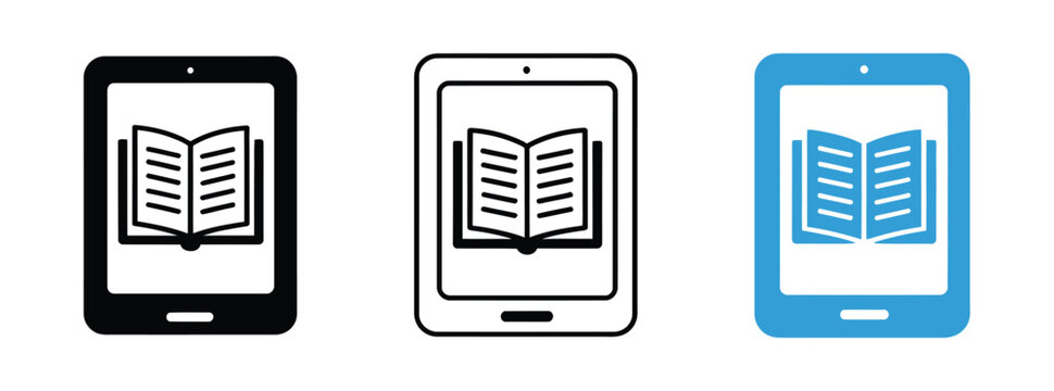 E-book reader icons featuring digital book, tablet, reading, ebook, library, and education symbols in outline, flat, and colored vector styles for mobile apps, online learning, websites, and digital p