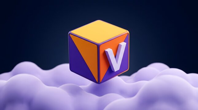 3d cube with letter v floating above purple clouds