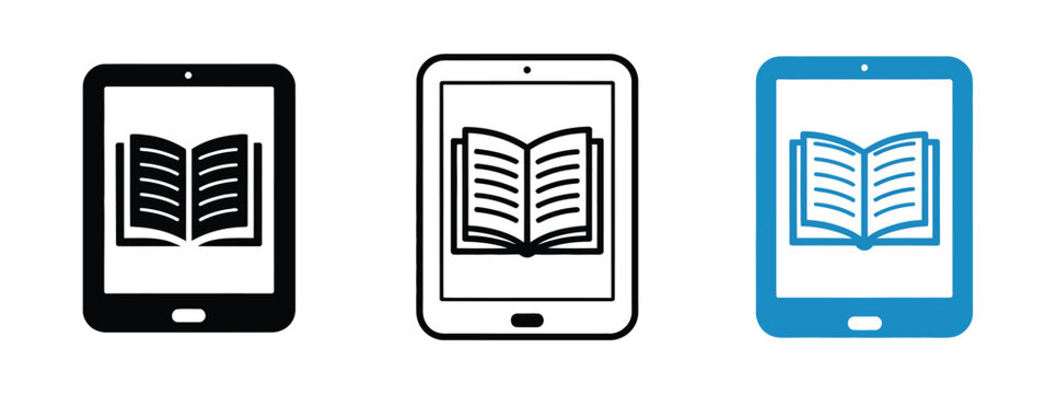 E-book reader icons with digital book, tablet, reading, ebook, library, and educational content symbol variations in outline, flat, and colored vector styles for e-learning platforms, applications, we