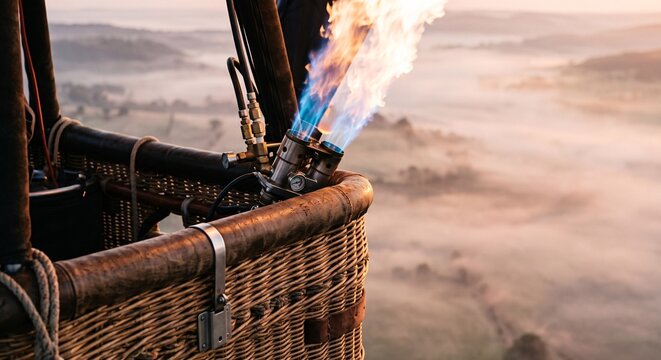 A hot air balloon burner flaming over the misty morning landscape at sunrise