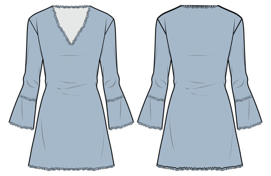 Women Shift dress design flat sketch fashion illustration with front and back view. Trumpet sleeve v neck a line dress frock cad drawing vector template