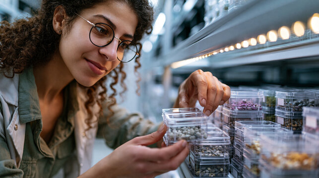 Scientist cataloging seeds in a modern seed bank with transparent containers for climate resilience and biodiversity preservation in a clean lab mood