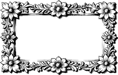 Obraz premium Decorative floral frame with blooming flowers and ornate leaf patterns, vintage border design