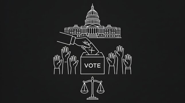 Minimal line art illustration of voting concept featuring capitol building ballot box scales of justice and voters