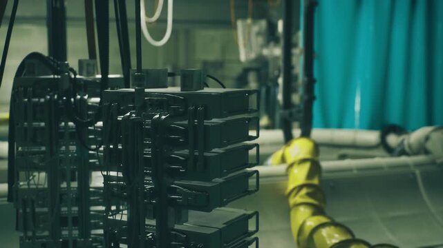 Stacked power bricks inside engine area with yellow safety hose, heavy cabling and rugged mounts, corrosionresistant metal frames, maintenance access points