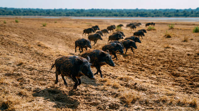 Herd of animals migrating across a dry landscape in climate change drought with distant green habitat and habitat loss cinematic scene