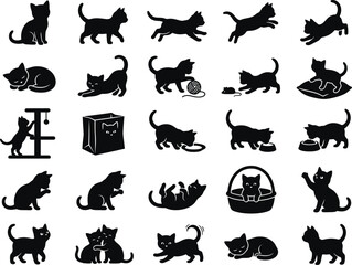 Fototapeta premium Collection of black cat silhouettes in various poses with playful elements on a white background