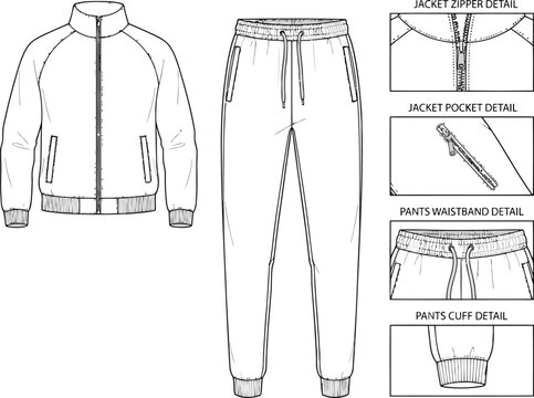 Technical fashion sketch of a tracksuit set with jacket and jogger pants including detailed zoom shots of zippers and waistband construction for apparel design