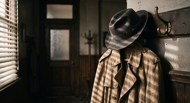 A vintage fedora hat and trench coat hanging on a wooden rack in a dimly lit detective office