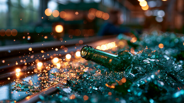 Recycling factory production line transforming broken bottles into clean reusable glass for a modern circular economy with sparkling fragments of recycled material