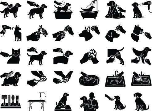 Pet Grooming Flat Icons Set On White Background Including Dogs Cats And Bathing Accessories