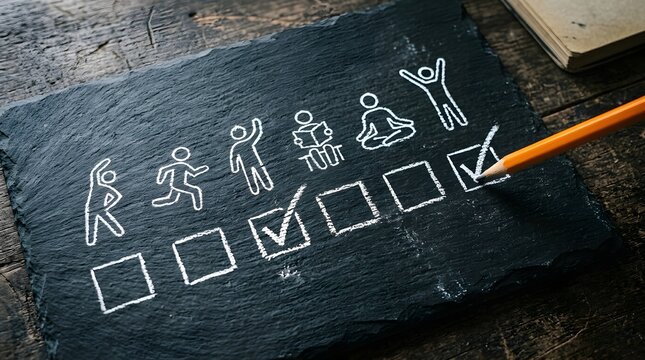 A hand with a yellow pencil checking off icons representing healthy lifestyle habits on a dark slate board