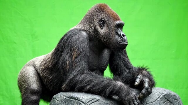 Realistic silverback gorilla sitting and looking around against a bright green screen for chroma key compositing