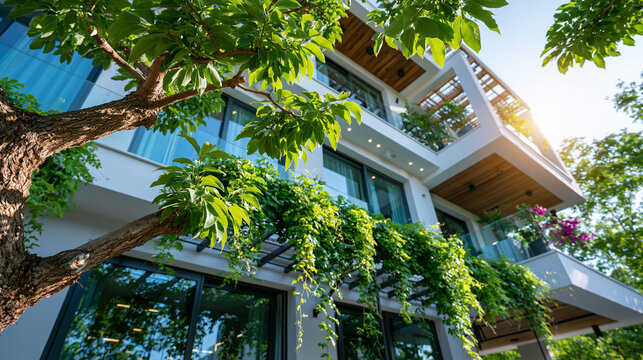 Bright summer modern home shaded by mature trees and climbing plants with natural ventilation and passive cooling for green climate smart living