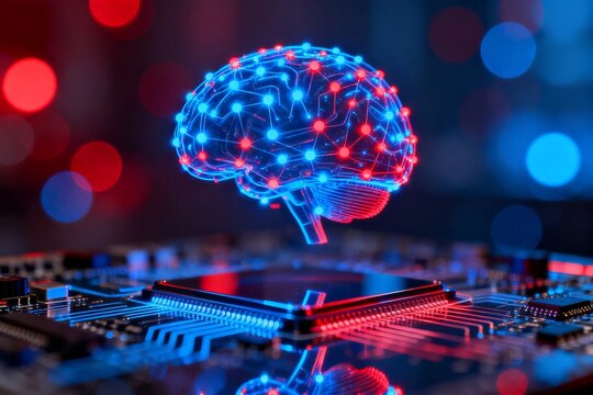3D Brain with Circuit Board on Bokeh Background