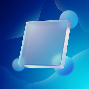 Transparent glass block floating in a dark blue abstract background with soft glowing light effects and smooth gradient textures suitable for futuristic design and technology themes