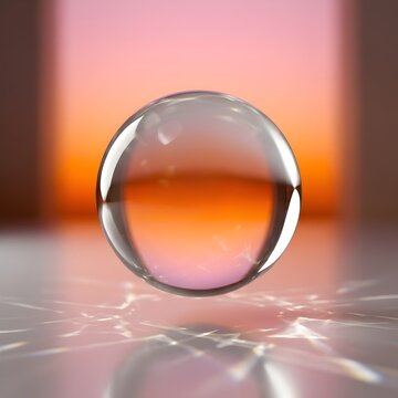 A perfectly round water droplet with vibrant orange and pink reflections resting on a glass surface with soft bokeh background ideal for science and nature themed content