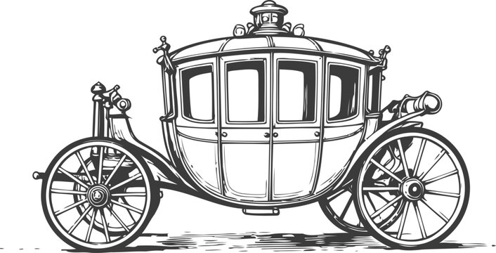 Vintage royal horse drawn carriage illustration in classic black and white