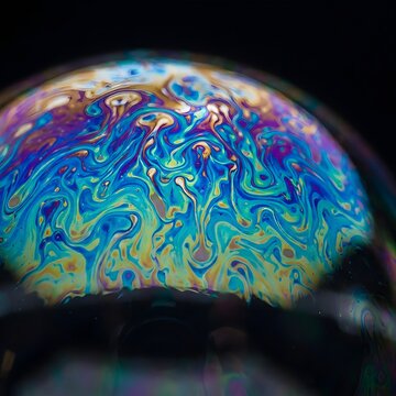 Colorful abstract liquid art with vibrant blue purple and golden swirls forming intricate marbled patterns on a black background ideal for creative design projects and artistic visuals