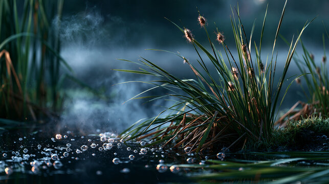 Misty wetland at sunrise with fog rising above reeds, small bubbles on dark water, untouched natural habitat, conservation mood, cinematic atmosphere