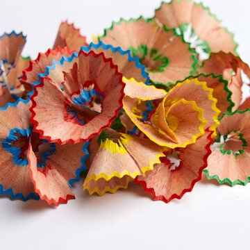Colorful sharpened pencil shavings arranged in a circular pattern on a white background featuring vibrant red blue green and yellow edges with light wood interiors