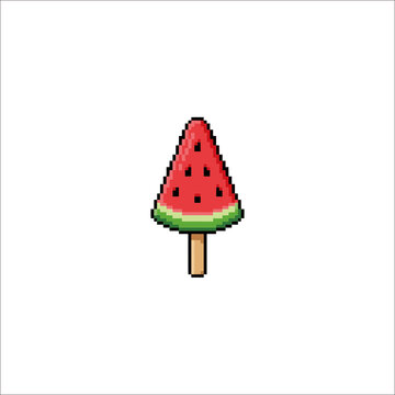 Pixel art whole round watermelon fruit 16-bit retro video game sprite clipart isolated on white background
