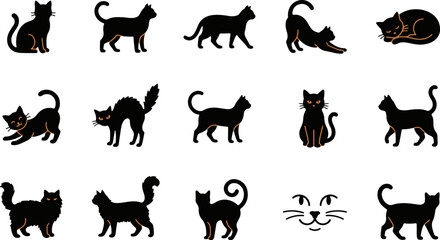 Obraz premium Set of black cat silhouettes in various poses including sitting walking stretching and playing isolated on white background