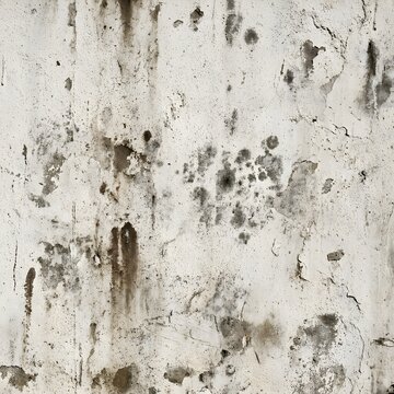 Textured white wall with peeling paint cracks and dark stains showing aged and weathered surface with rough plaster finish ideal for vintage or grunge themed backgrounds