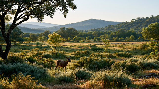 Rewilding abandoned farmland with shrubs and young trees as grazing animals restore the ecosystem in a wide landscape under soft natural light