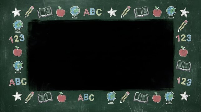 Chalkboard frame with educational icons like pencils apples books globes and ABC 123 on dark green background perfect for school backdrops and learning themes with chalk illustrations