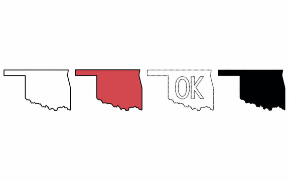 Oklahoma state map outline collection in different styles including red and black fill. Vector illustration